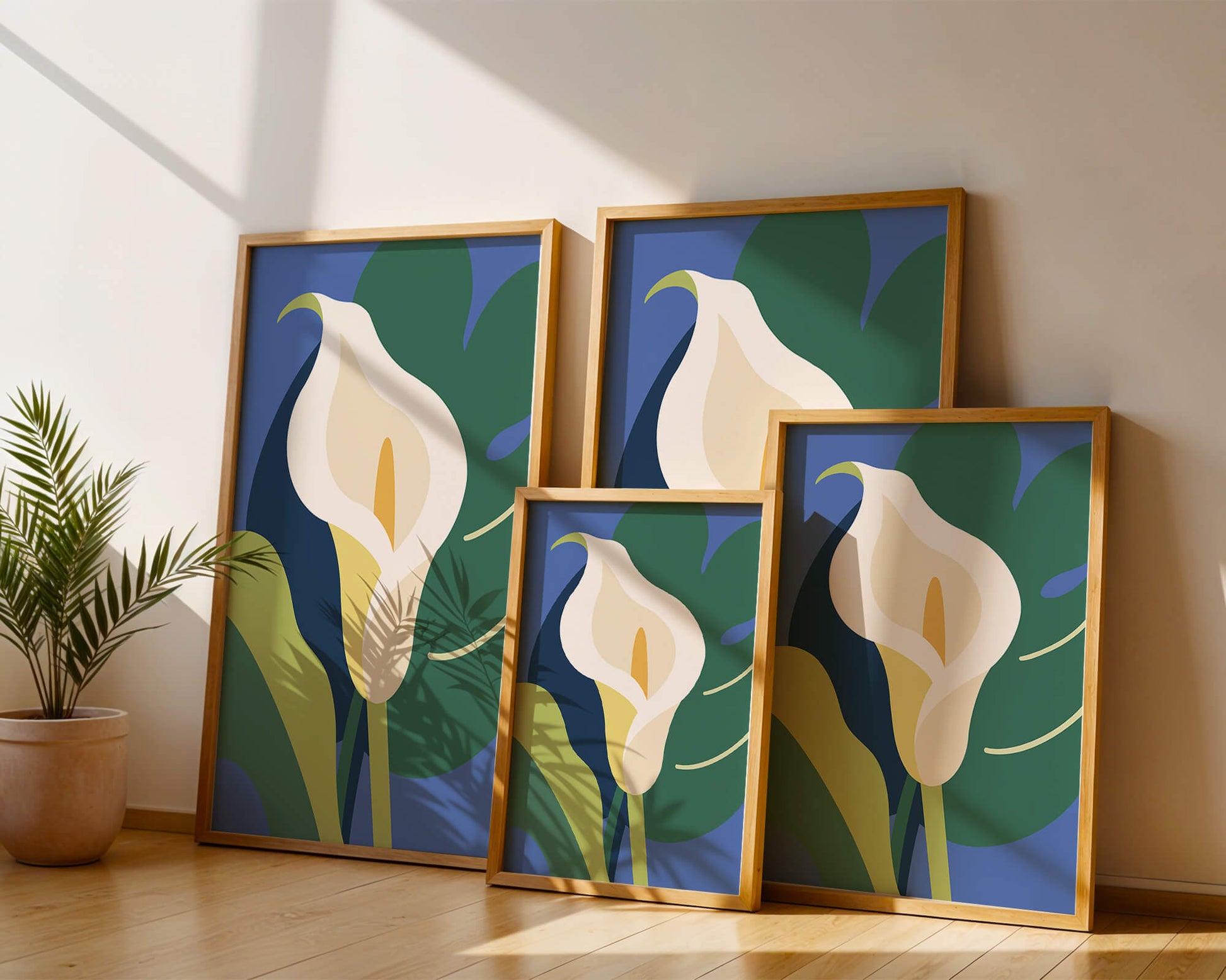 Ilustración floral abstracta con fondo verde y azul