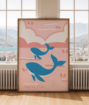 Playful whales illustration in pastel pink and blue