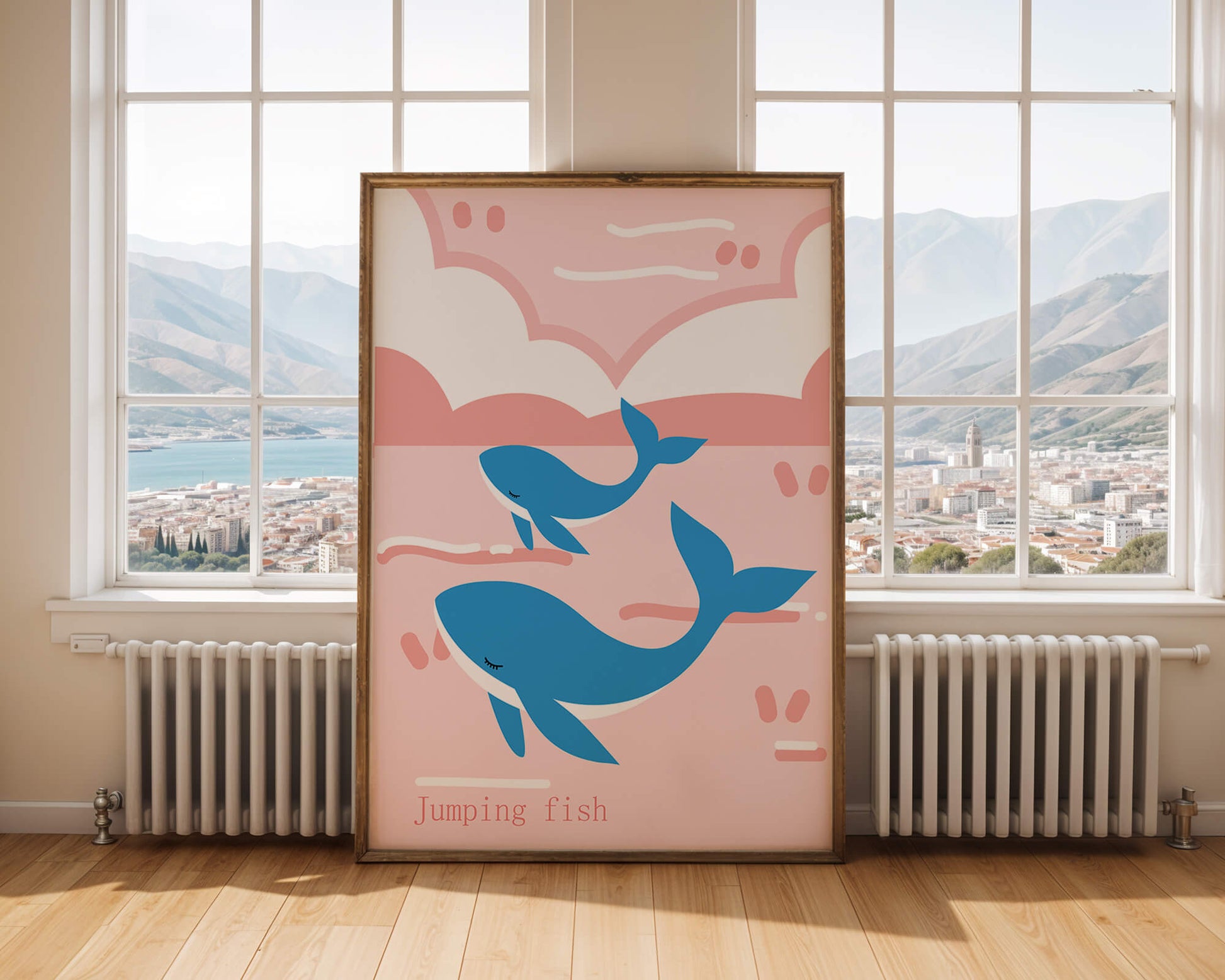 Playful whales illustration in pastel pink and blue