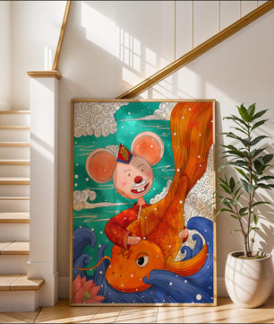 Whimsical illustration of a mouse riding a golden fish in a vibrant fantasy setting