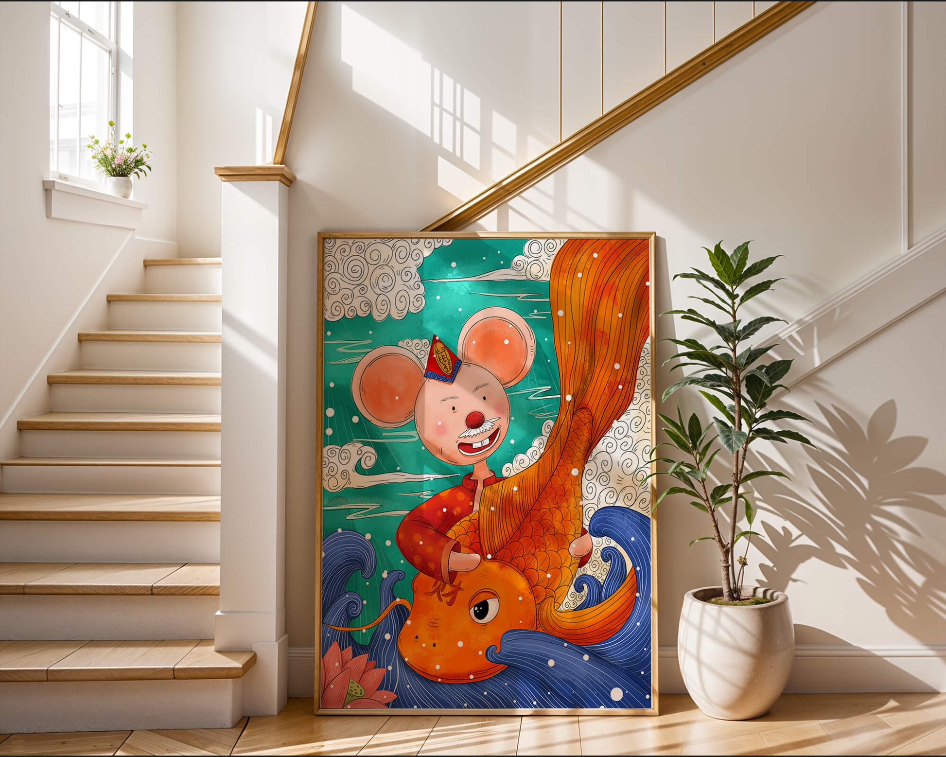 Whimsical illustration of a mouse riding a golden fish in a vibrant fantasy setting