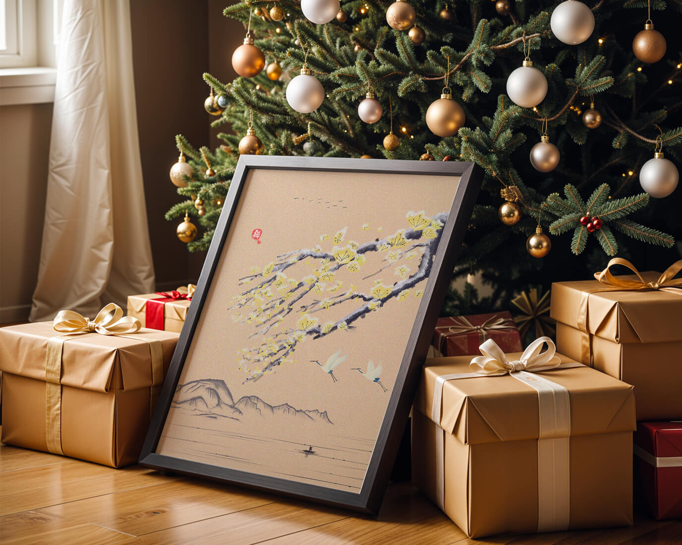 Tranquil landscape with blooming branches and flying cranes