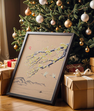 Tranquil landscape with blooming branches and flying cranes