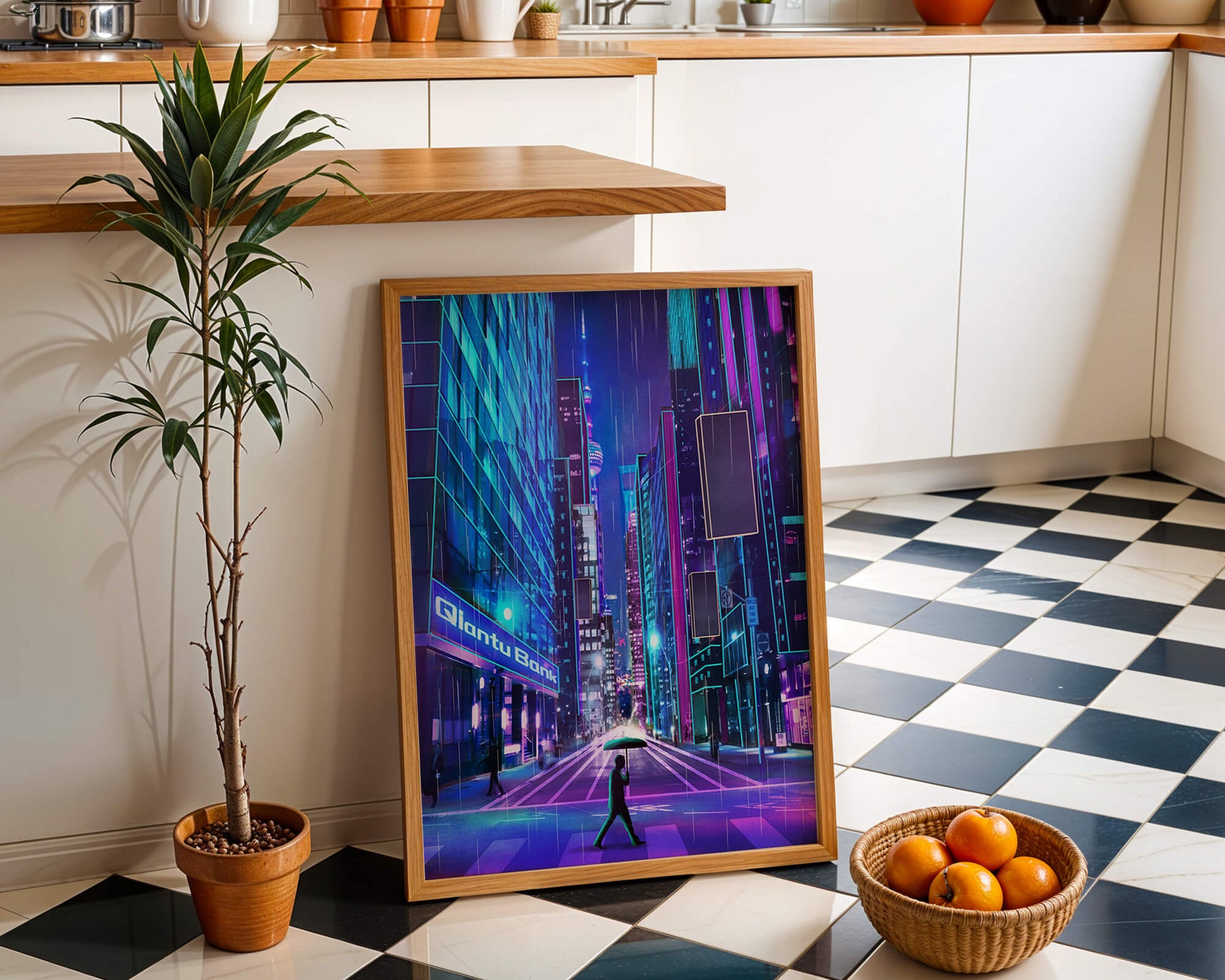 Futuristic urban street scene with neon lights and rainy atmosphere