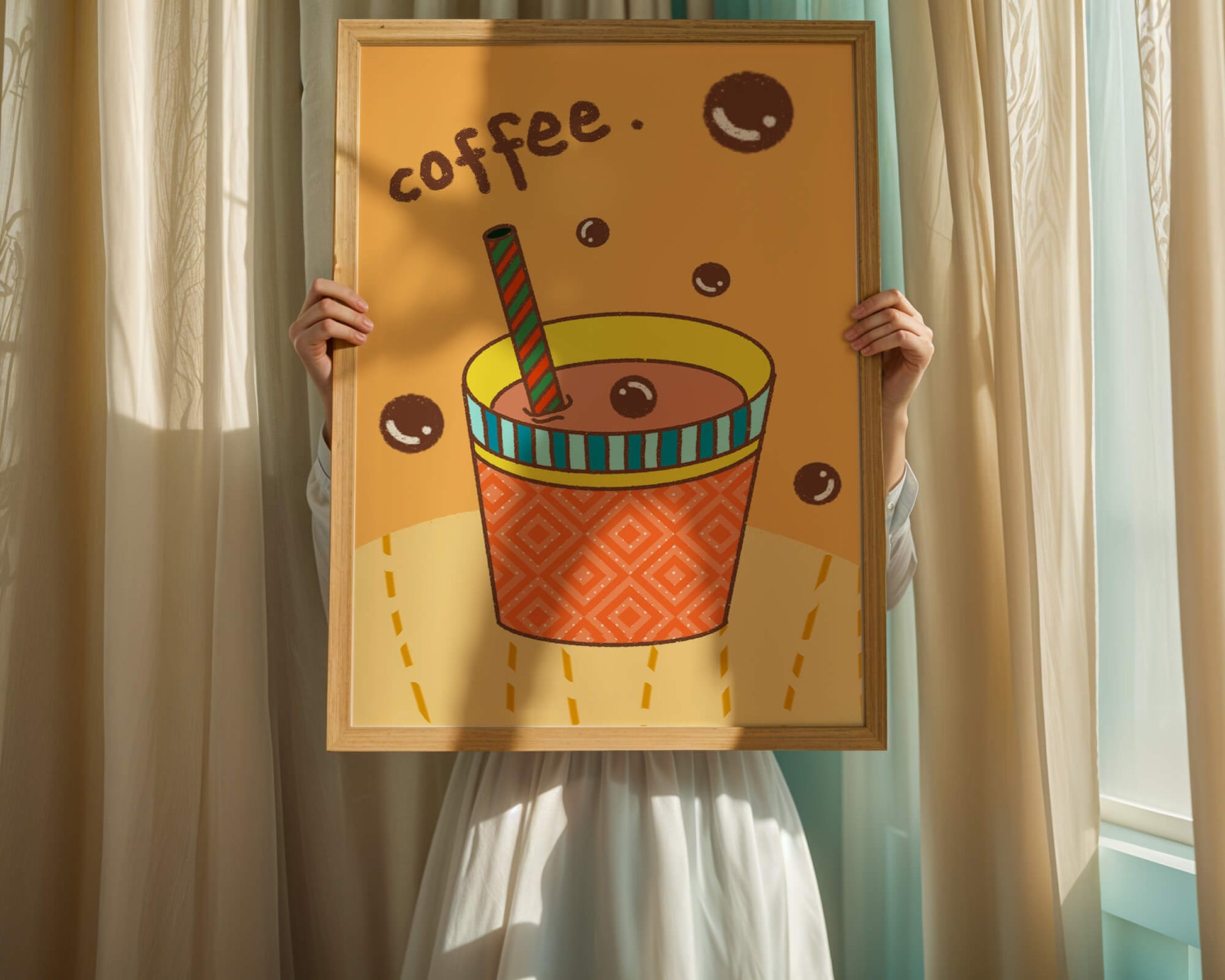 Colorful coffee cup illustration with bubbles and straw