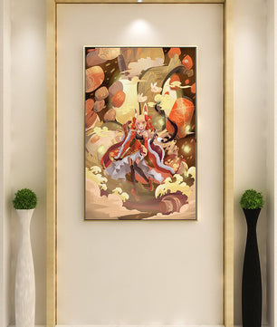 Vibrant fantasy scene with animated character and whimsical creatures