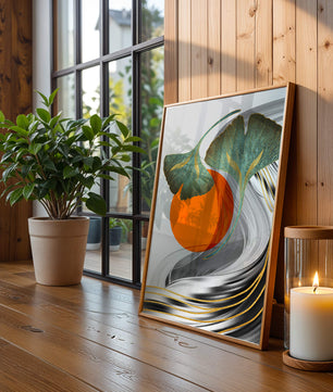 Hojas de Ginkgo abstractas con círculo naranja y ondas plateadas