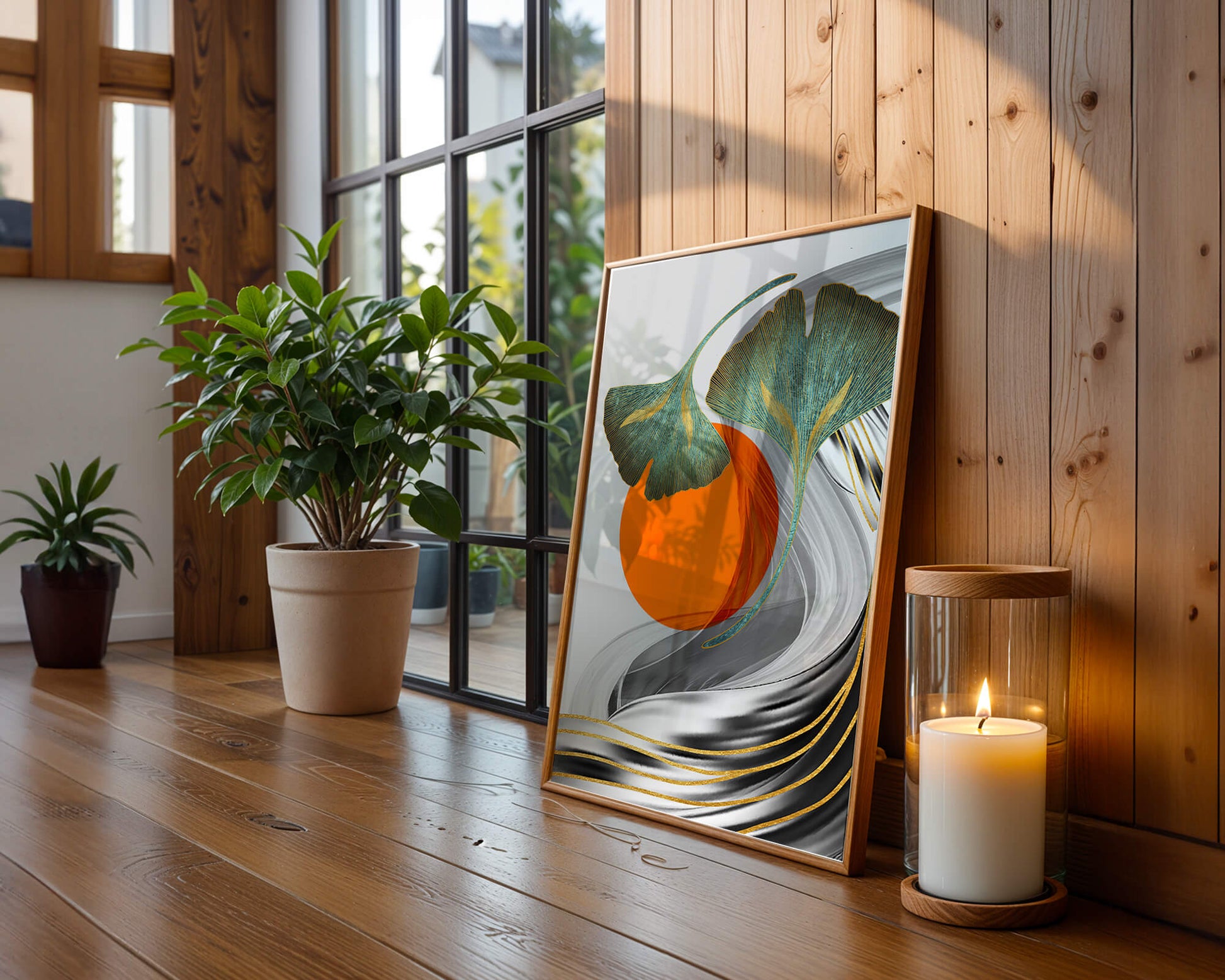 Hojas de Ginkgo abstractas con círculo naranja y ondas plateadas
