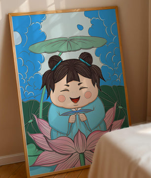 Whimsical illustration of a joyful child with lotus and umbrella