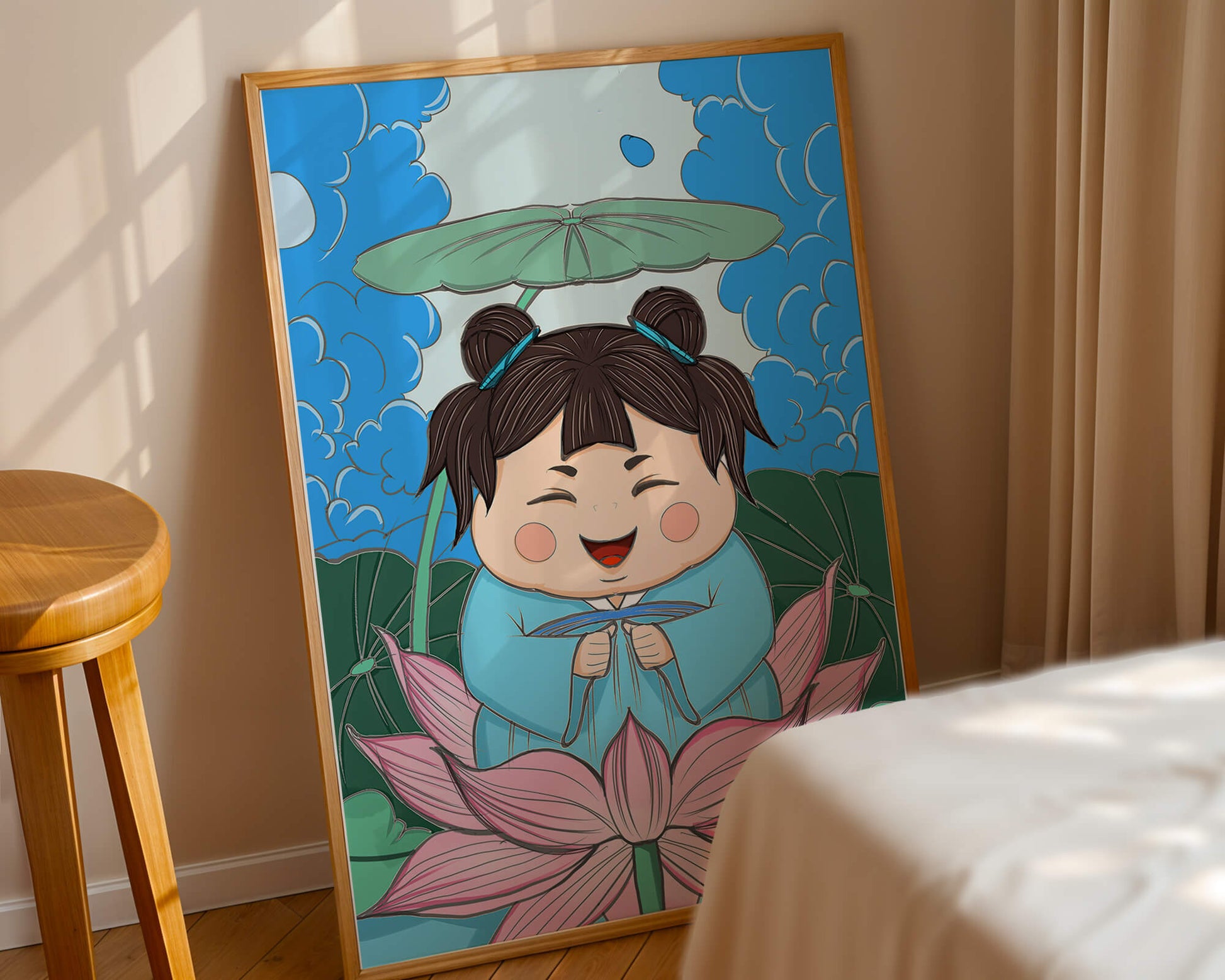 Whimsical illustration of a joyful child with lotus and umbrella