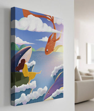 Escena onírica con vida marina y figura flotante en el cielo