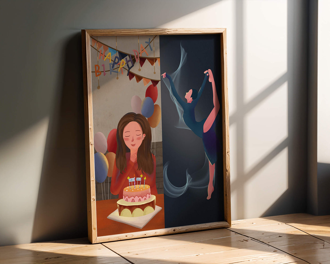 Birthday celebration illustration with cake and dancing figure