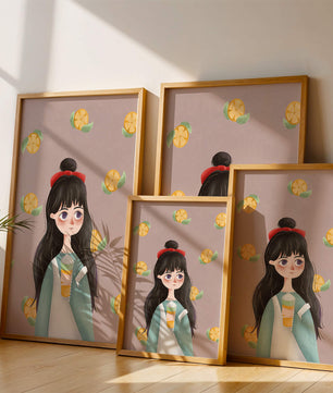 Illustration of a girl with a beverage surrounded by citrus slices