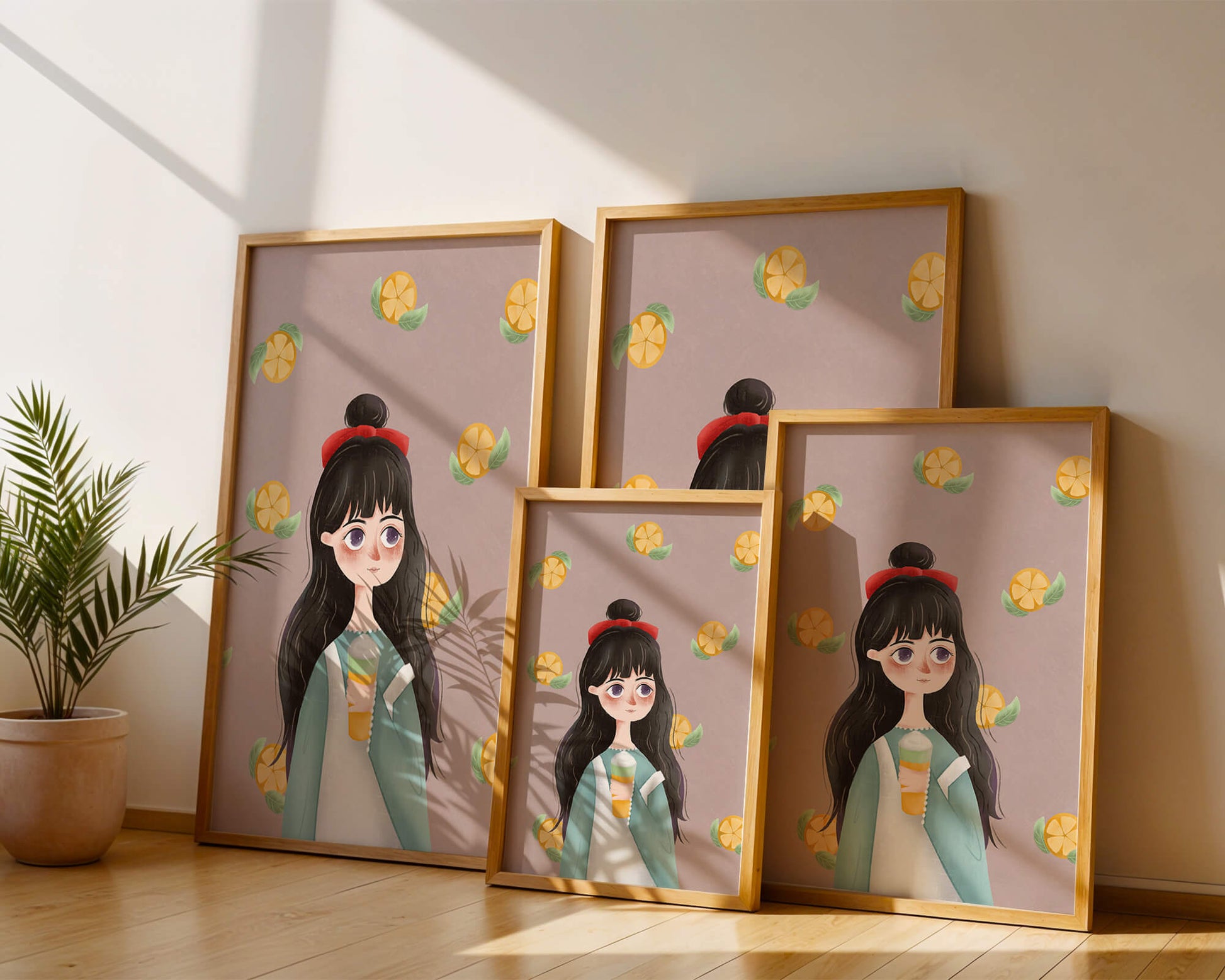Illustration of a girl with a beverage surrounded by citrus slices