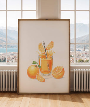Illustration of a refreshing orange juice with fresh oranges and splash