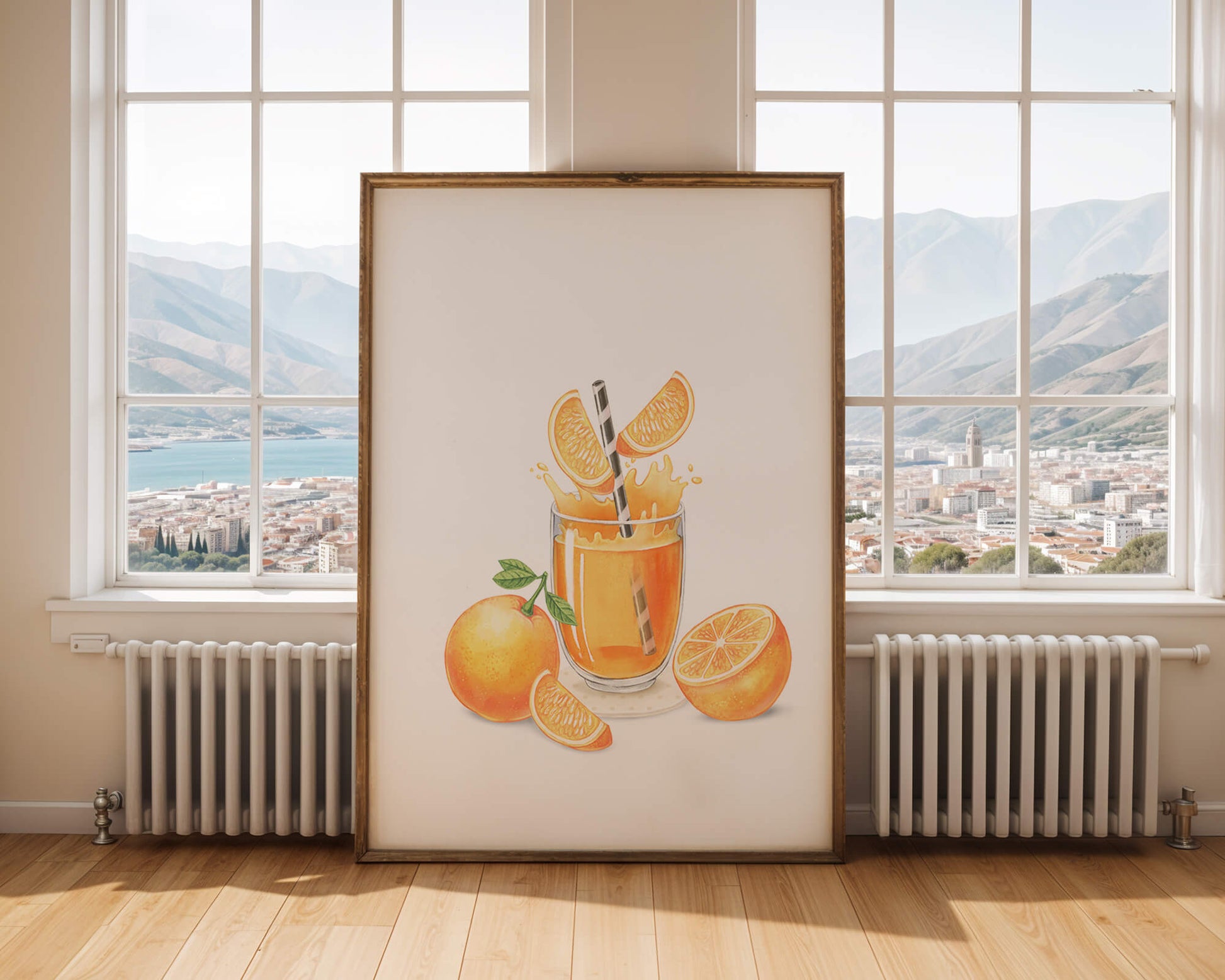 Illustration of a refreshing orange juice with fresh oranges and splash