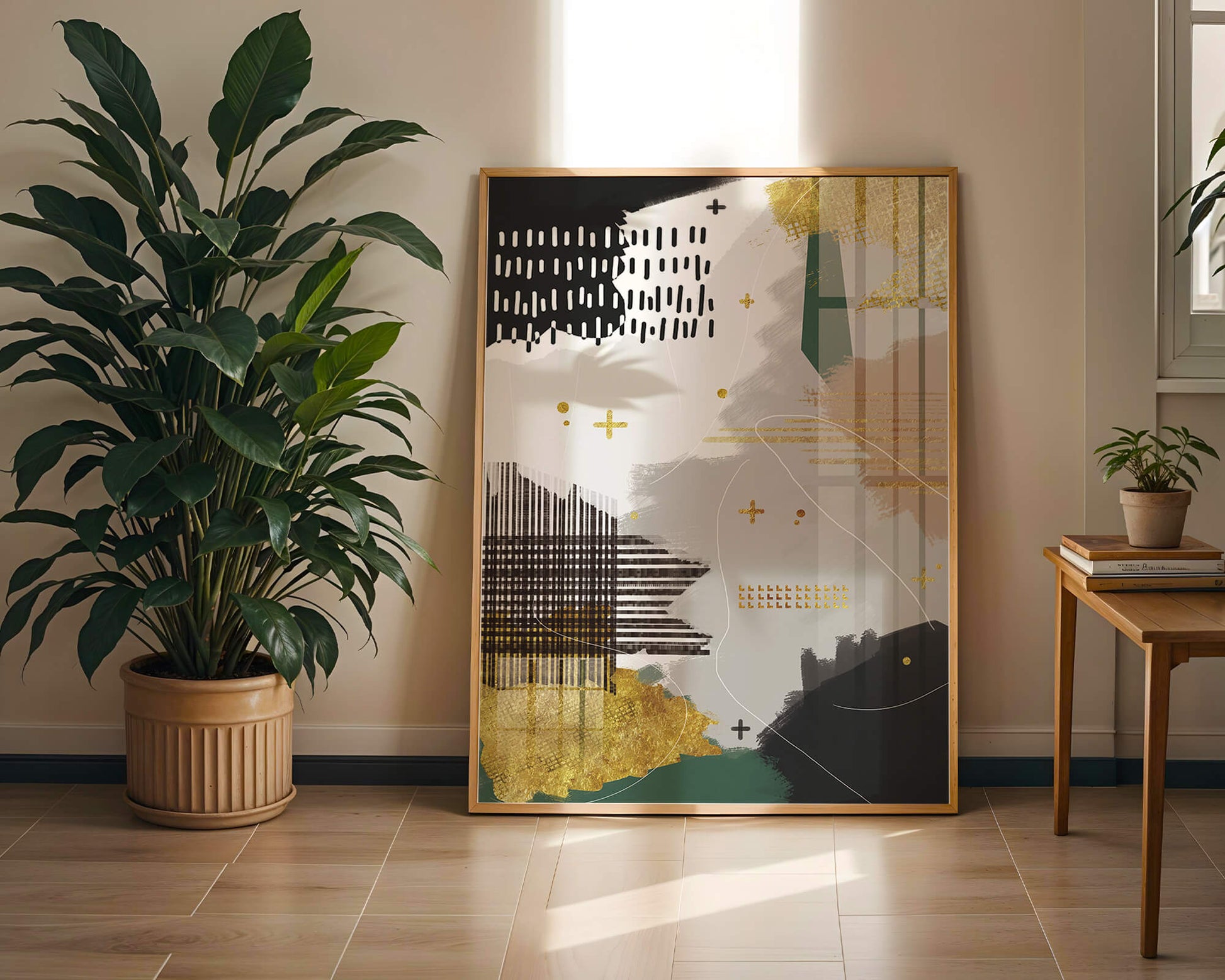 Abstract mixed media art with gold and geometric patterns