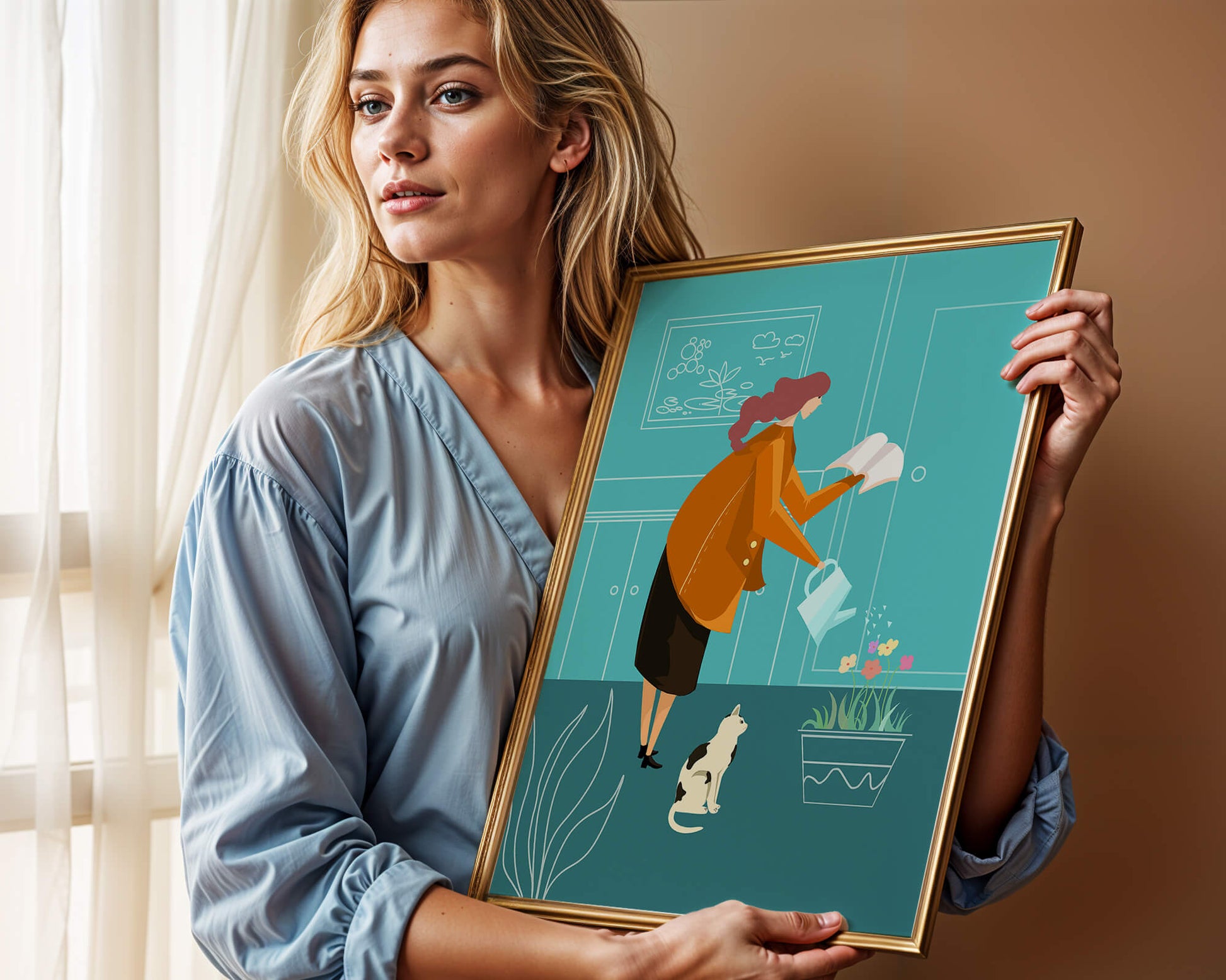 Mujer regando flores con un gato en un interior moderno