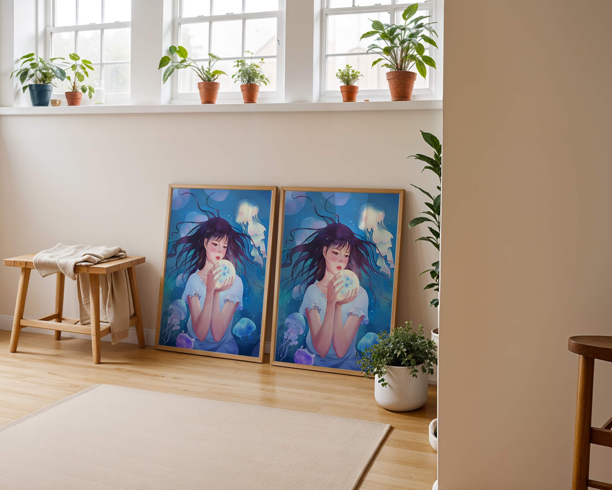 Enchanted underwater scene with girl and glowing jellyfish