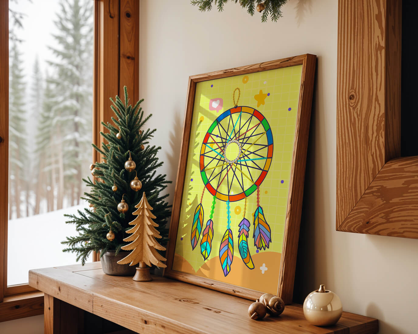 Colorful dreamcatcher on a vibrant yellow background