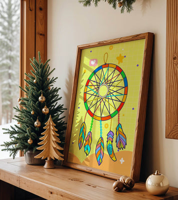 Colorful dreamcatcher on a vibrant yellow background