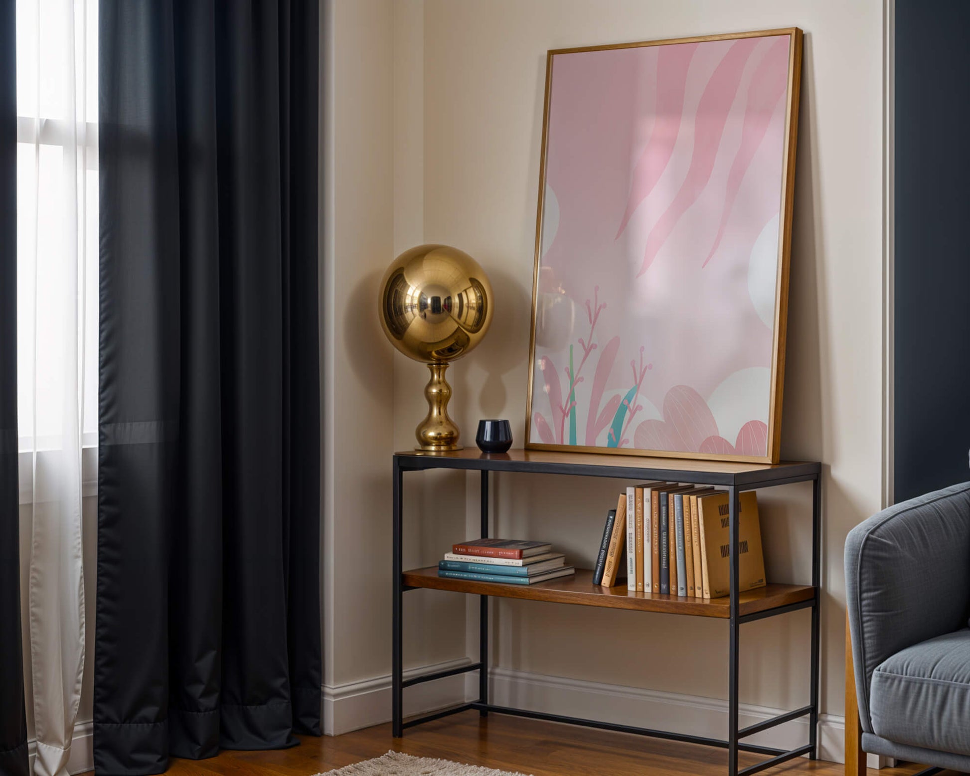 Soft Pink Abstract Floral Design with Stylized Leaves and Waves