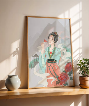 Elegant Asian woman with flowers and mountain background