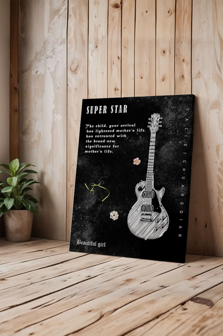 Artistic black and white guitar illustration with heartfelt text