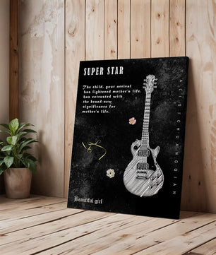 Ilustración de guitarra en blanco y negro artística con texto conmovedor