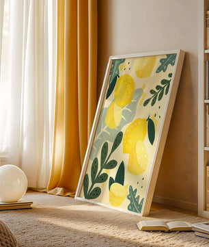 Composición ilustrativa de limones y hojas con colores vibrantes