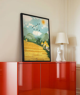 Sunny Countryside With Birds And Golden Fields