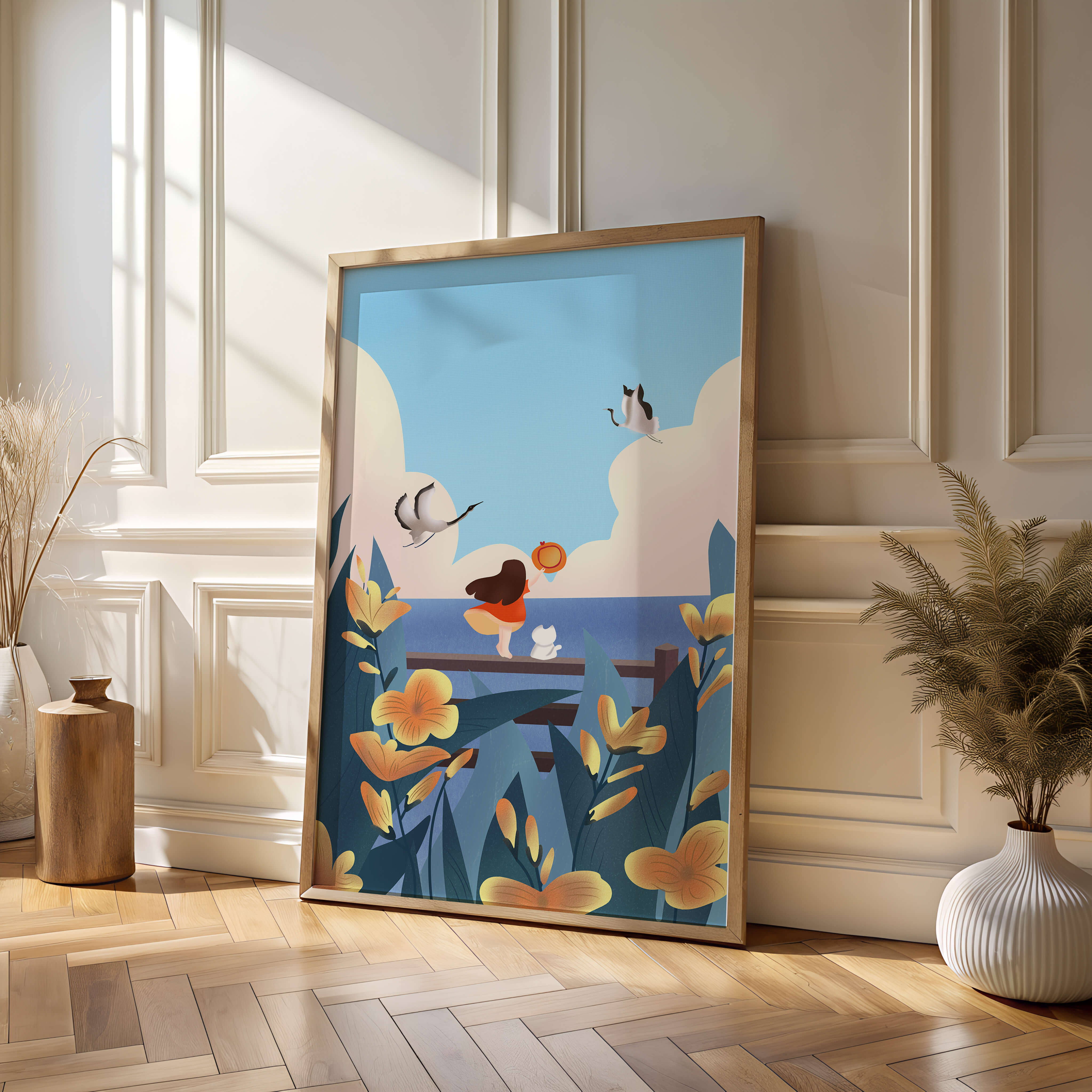 Serene seaside scene with girl, cat, and birds in nature