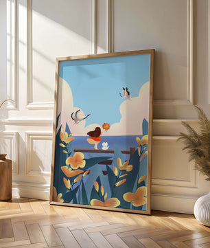 Scène sereine en bord de mer avec une fille, un chat et des oiseaux dans la nature