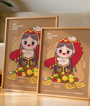 Illustration d’une figure culturelle ouïghoure portant un costume traditionnel et partageant un repas festif