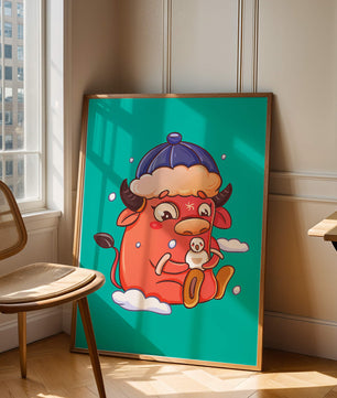 Winter cow cartoon with snowman on turquoise background