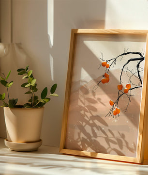 Branch with Persimmons and Snow in Minimalistic Landscape