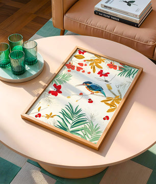 Oiseaux et feuillages colorés dans un décor botanique tropical