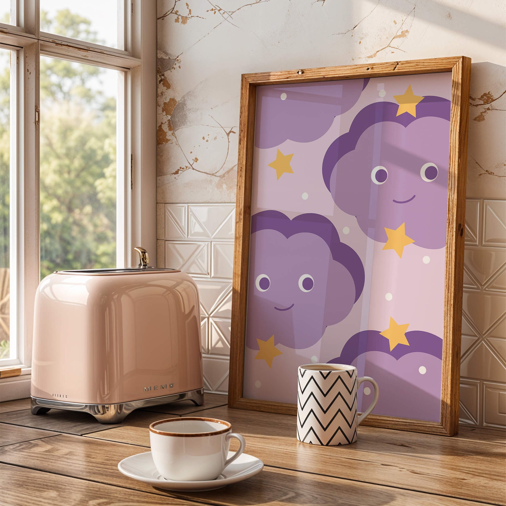 Whimsical purple cloud and star pattern for children's room decor