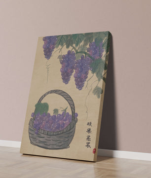 Basket Of Grapes With Vine Leaves In Traditional Style