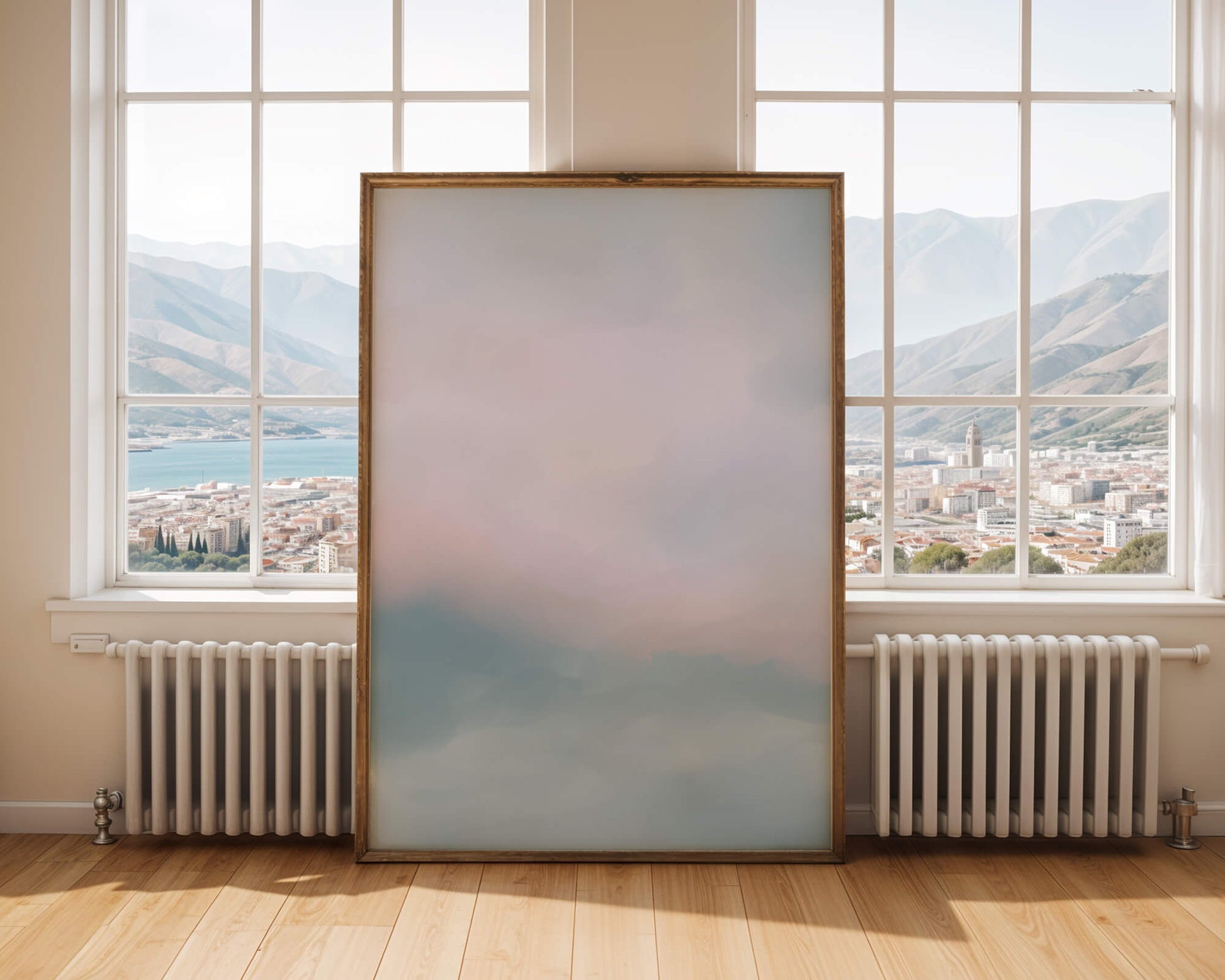 Paisaje de nubes abstracto con tonos suaves de rosa y azul