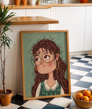 Illustration of a Thoughtful Girl with Glasses and Curly Hair