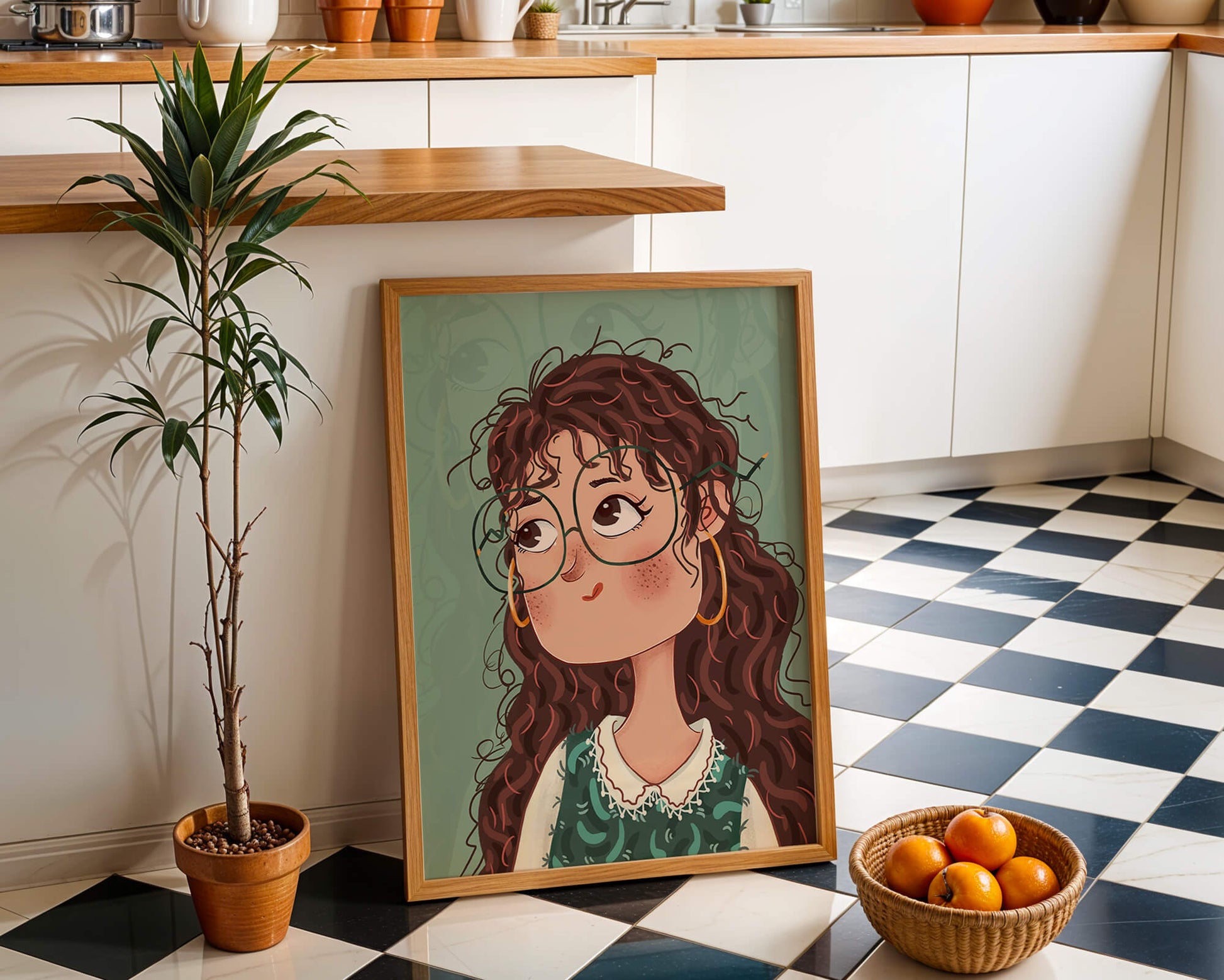 Ilustración de una chica pensativa con gafas y pelo rizado