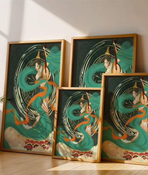 Elegant depiction of traditional musical culture with vibrant flowing ribbons and intricate patterns