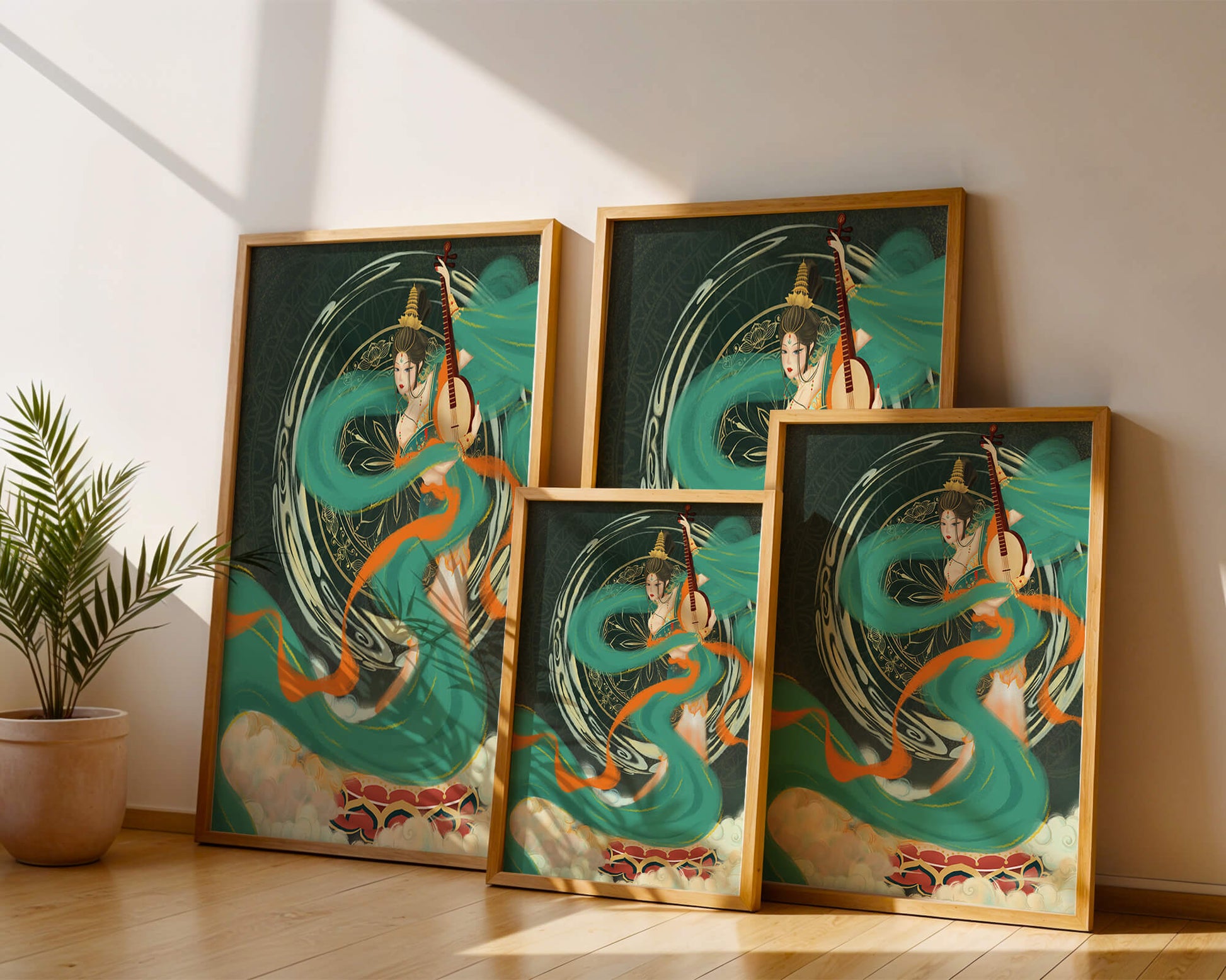 Elegant depiction of traditional musical culture with vibrant flowing ribbons and intricate patterns