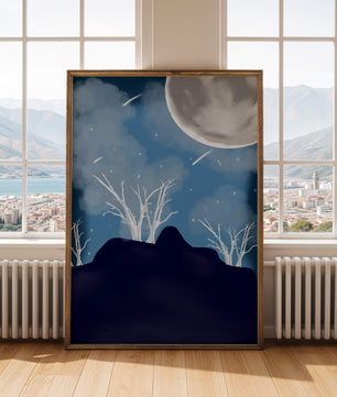 Paysage nocturne d'hiver avec arbres nus et pleine lune