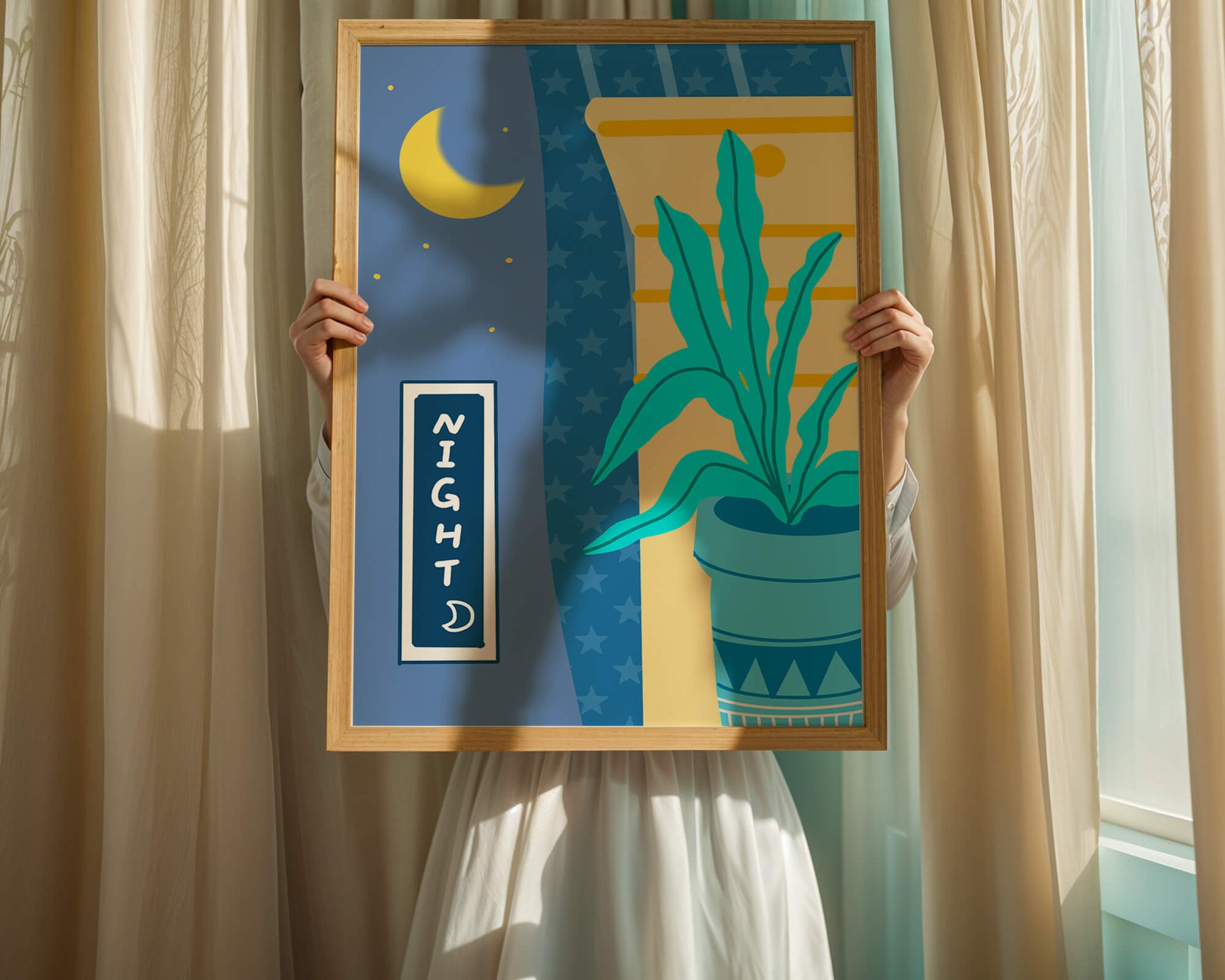 Nighttime plant illustration with crescent moon and starry background