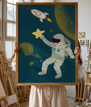Astronaut Reaching for Star with Rocket and Planets in Space Scene - Mi tienda