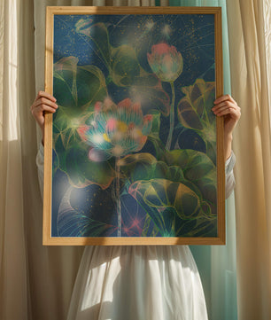 Bunte Lotusblumen mit abstraktem kosmischen Hintergrund
