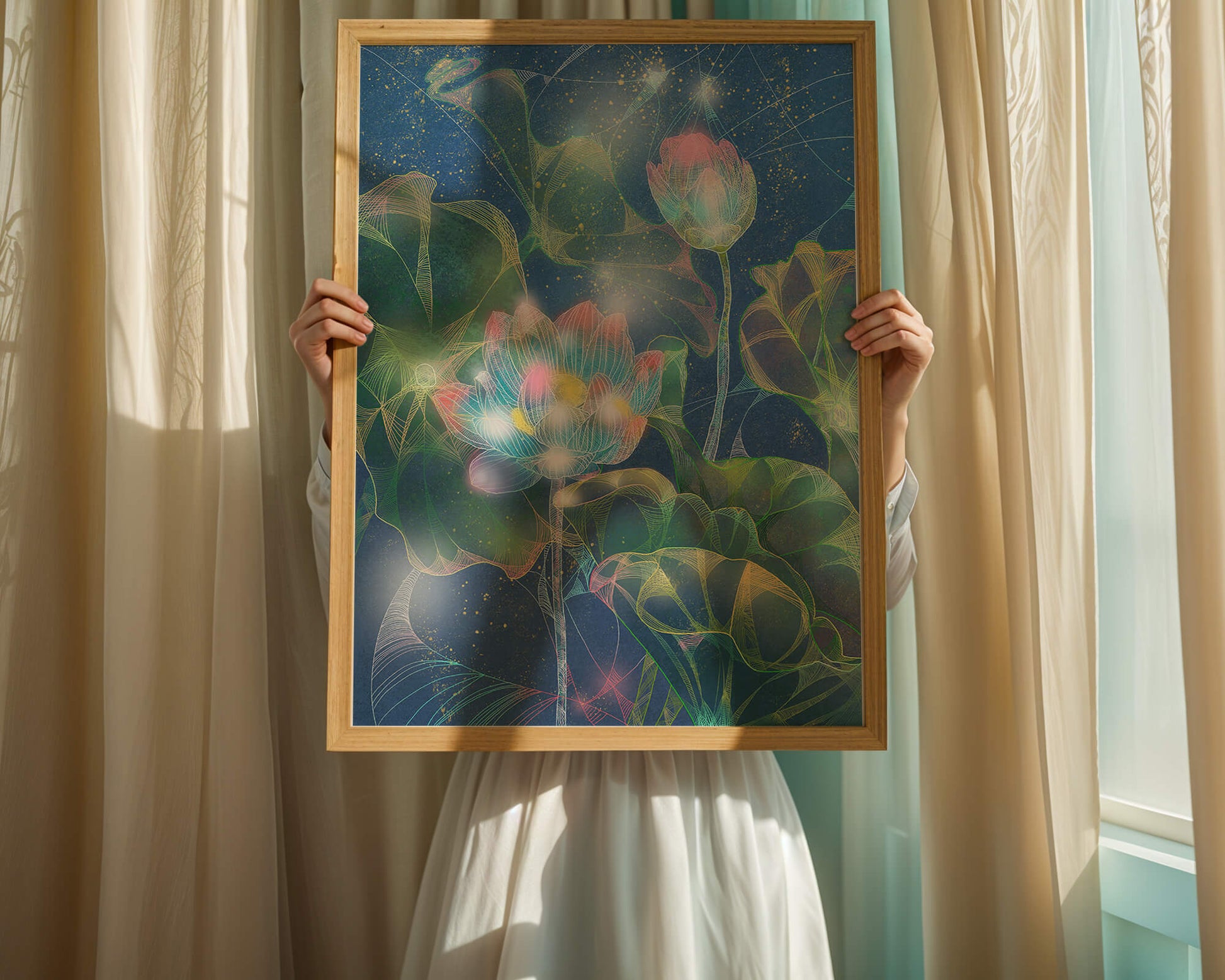 Bunte Lotusblumen mit abstraktem kosmischen Hintergrund