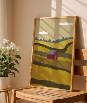 Landscape With Red Barn Amidst Rolling Hills Under Blue Sky